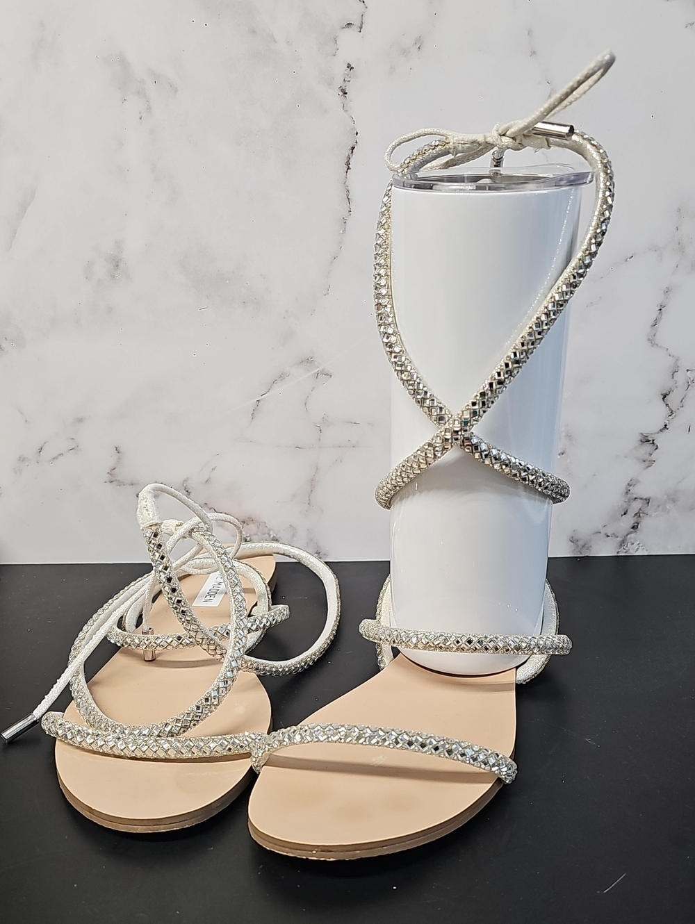 Steve Madden Silver Rhinestone Lace-Up Flat Sandals